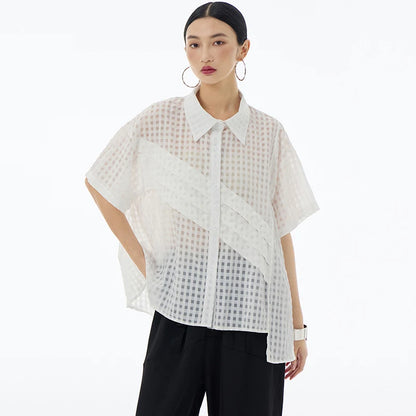 XITAO Irregular Patchwork Solid Color Women Shirt Grid Short Sleeve Casual New All-match Women Simplicity New Shirt WLD20218