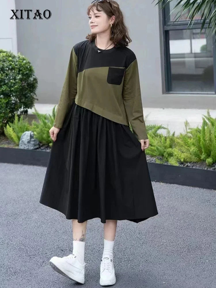 XITAO Full Sleeve O-neck Patchwork Dress Fashion Loose Casual All-match Slimming Pleated 2024 Autumn Women New Dress DMJ5007