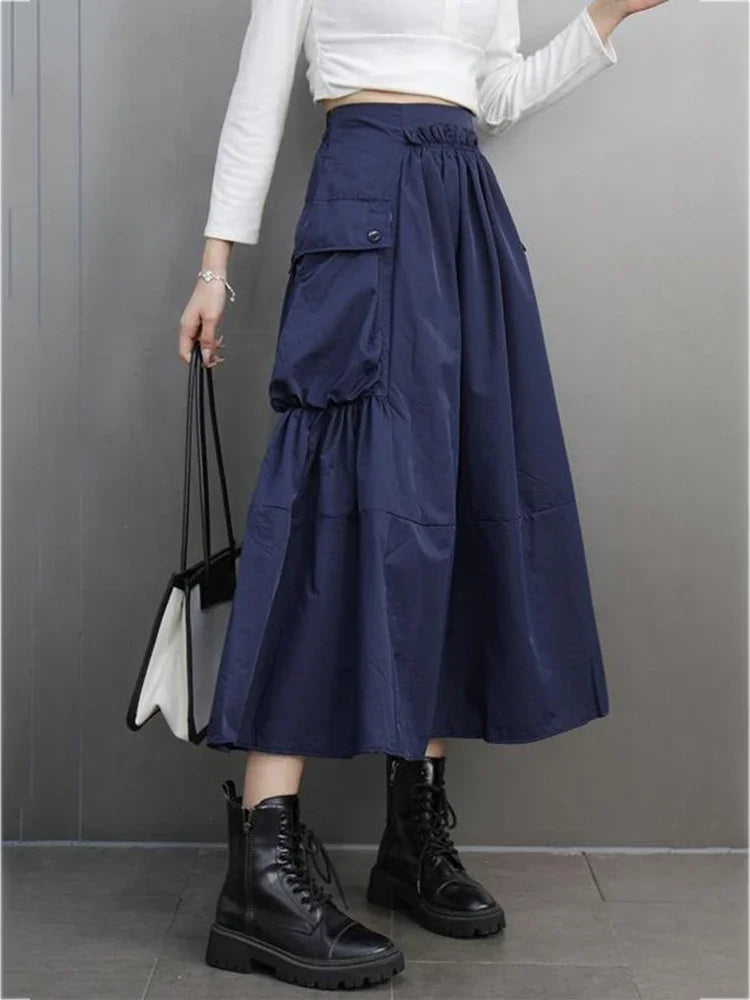 XITAO Pocket Patchwork Folds Solid Color Skirt A-line Mid-calf Fashion All Match Slimming Casual Temperament Loose Skirt GMM1341