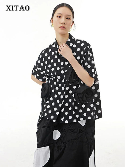 XITAO Single Breasted Dot Shirt Women Korea 2024 Summer New Arrival Fashion Loose Turn-down Collar Short Sleeve Shirt WMD5760