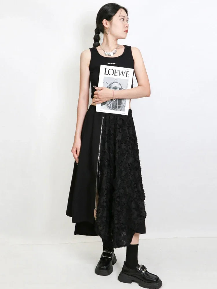 XITAO Irregular Zipper Patchwork Lace Elastic Waist Skirt Casual Loose Fitting A-line Mid-calf Solid Color Women Skirt GMM1224