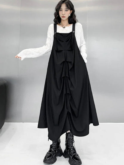 XITAO Straps Pleated Dress Personality Loose Casual Temperament Street Trendy All-match Fashion 2024 Autumn Women New ZY8900