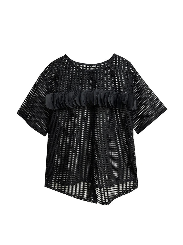 XITAO Hollow Out Mesh Patchwork Pullover T-shirts Solid Color O-neck Short Sleeve Loose Fashion Tops Summer All Match HQQ2305