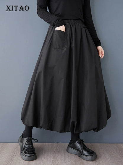 XITAO Pocket Patchwork Pleated Elastic Waist Skirt Solid Color Loose Slimming A-line Mid-calf Fashion Casual Skirts GMM1232