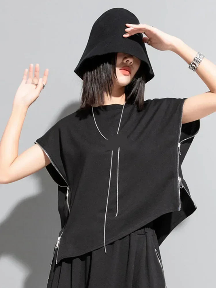 XITAO Solid Asymmetrical T-Shirt Women Summer New Personality Fashion Loose V-neck Short Sleeve T-Shirt WLD11216