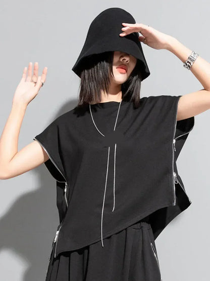 XITAO Solid Asymmetrical T-Shirt Women Summer New Personality Fashion Loose V-neck Short Sleeve T-Shirt WLD11216