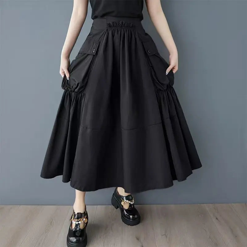 XITAO Casual Folds Big Pocket Female Skirt Simple Solid Color All-match Women Loose Fashion A-line Irregular Skirt GMM1299