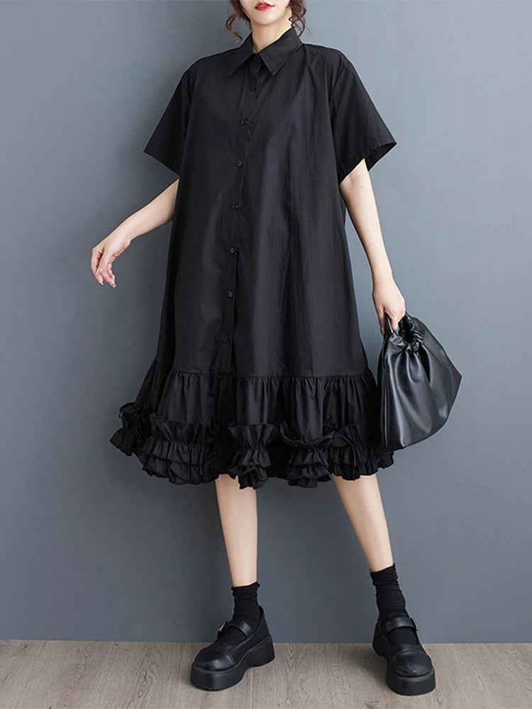 XITAO Casual Shirt Dress Black Simplicity Fashion Splicing Flounced Edge Hem Women Summer New Turn-down Collar Dress WLD20126