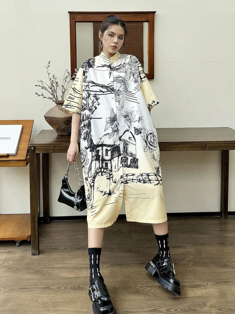 XITAO Chinese Style Printing Short Sleeve Dress Vintage Fashion Female New Summer Single Breasted A-line Shirt Dress DMJ4080