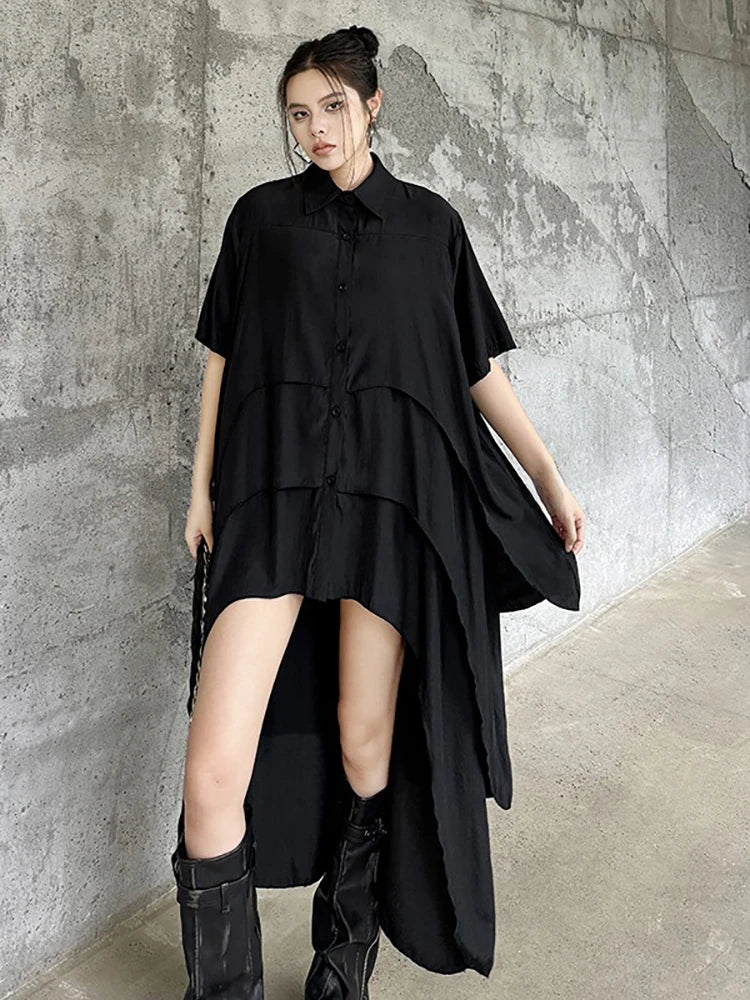 XITAO Asymmetrical Single Breasted Shirt Dress Solid Color Short Sleeve Loose Slimming Dress Summer New DMJ4134