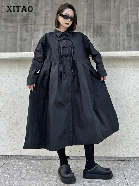 XITAO Black Fashion Shirt Dress Loose Long Sleeve Turn-down Collar Tassel Button Decoration Initial Spring New ZZ0008