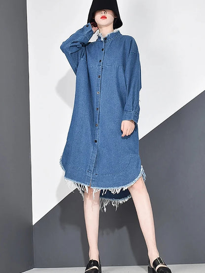 XITAO Casual Denim Tassel Trench Simplicity Loose Spring New Fashion Stand Collar Match All Women Clothes Women Coat KY655