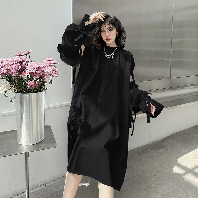 XITAO White Black Dress Pullover Full Sleeve Goddess Fan Casual Elegant Solid Color Pleated Bow Casual Style Dress WLD16116