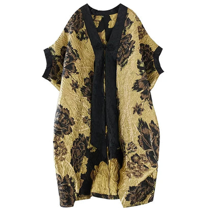 XITAO Casual Loose V-neck New Arrival Betwing Sleeve Coat Long Chinese Style Dark Flower Autumn Cardigan Female Trench GMM1032