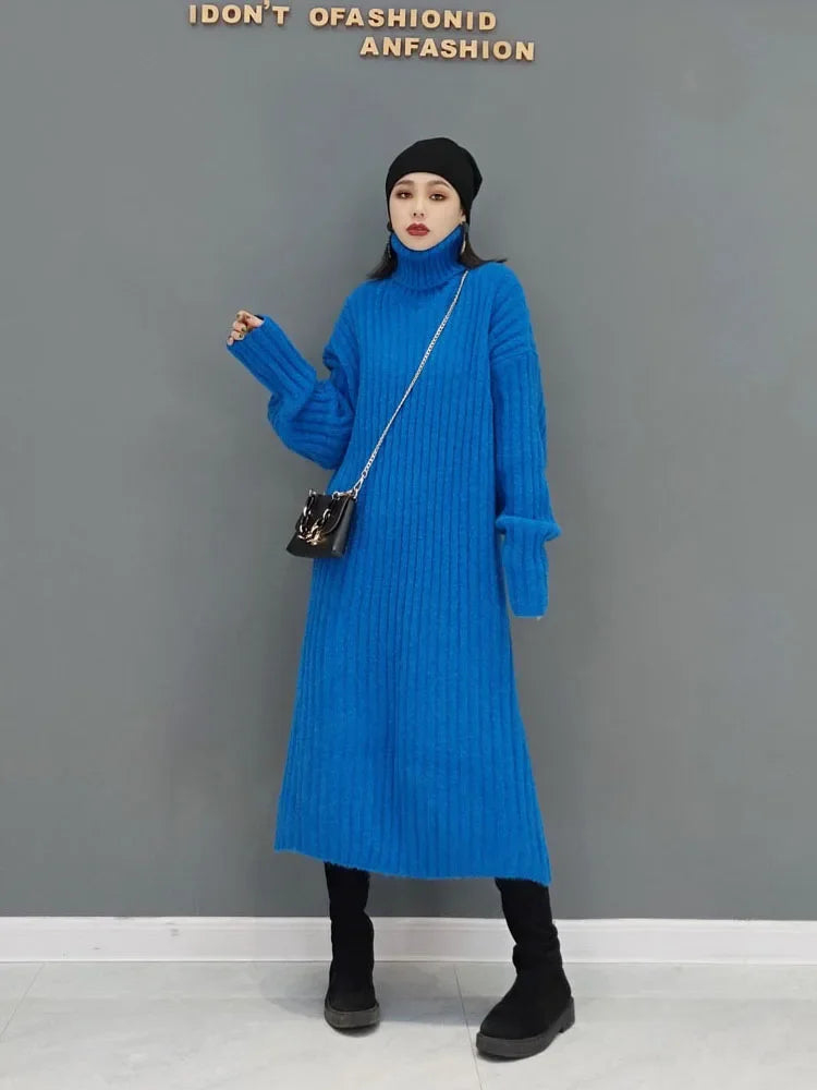 XITAO Turtleneck Knitting Dresses Fashion Casual Solid Color Simplicity Pullover Loose Long Temperament New Arrival GWJ1988