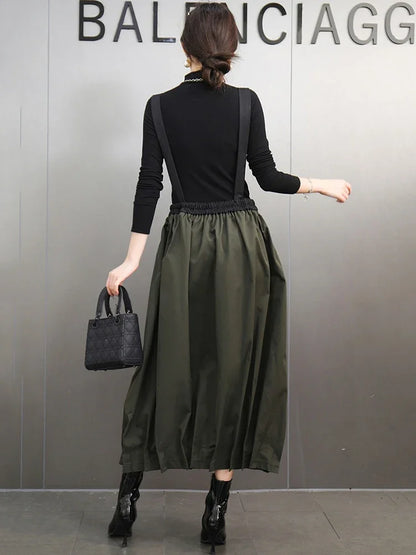 XITAO Suspenders Contrast Color Pocket Skirts Elastic Waist Patchwork Loose Fashion Mid-calf Casual All Match Skirt GMM1259