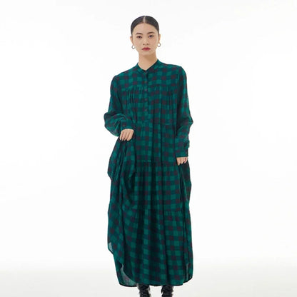 XITAO Plaid Patchwork Stand Collar Dresses Contrast Color Single Breasted Loose Mid-calf Slimming Long Sleeve Dress New DMJ3419