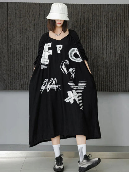 XITAO Bat Wing Sleeve Dress Irregular Draw String Folds Half Sleeve T-shirt Dress Fashion Contrast Color Letter Print WLD20163