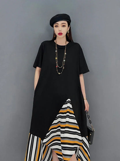 XITAO Contrast Color Patchwork Irregular Dress Women Summer New Arrival Personality Fashion Loose O-neck Short Sleeve Dress WMD5490