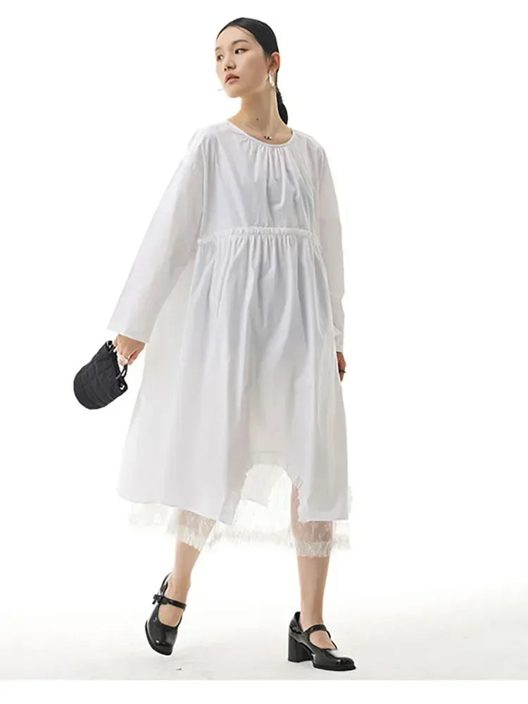 XITAO Temperament Dress Mesh Double Layer Hem Solid Color Splicing Simplicity Women Loose Fashion O-neck Collar Dress WMD4698