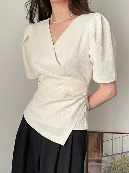 XITAO Temperament Irregular V-neck Shirt Pleated Short Sleeve Solid Color Summer Women New All-match Shirt Top DMJ2052