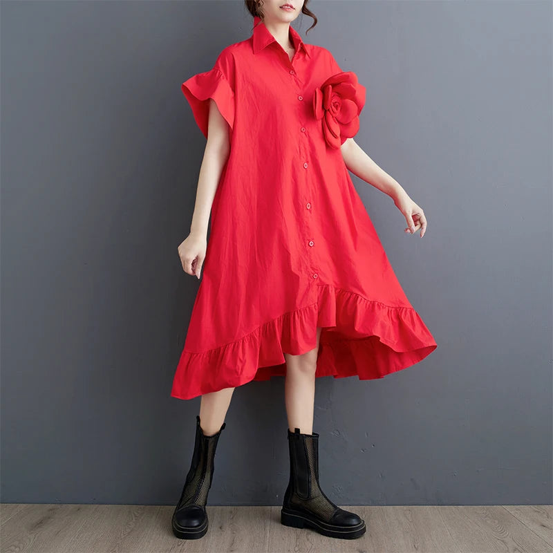 XITAO Three-dimensional Decoration Dress Flounced Edge Asymmetrical Turn-down Collar Single Breasted Shirt Dress Summer ZY8786