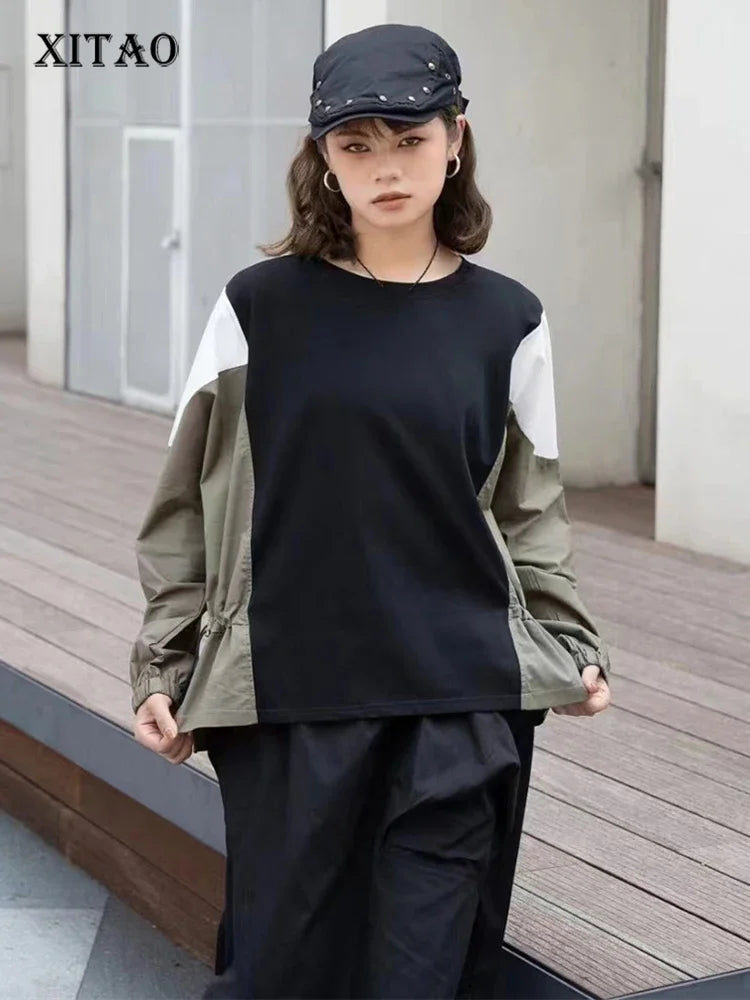 XITAO Loose Patchwork Female T-shirts Fashion Long Sleeve Contrast Color Women Autumn New Trend All-match O-neck Top HQQ2403