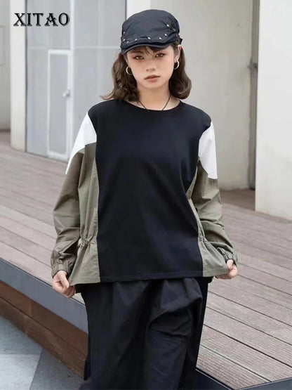 XITAO Loose Patchwork Female T-shirts Fashion Long Sleeve Contrast Color Women Autumn New Trend All-match O-neck Top HQQ2403