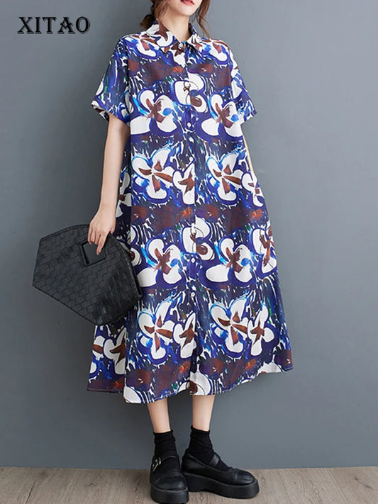 XITAO Loose Print Short Sleeve Shirt Dress Casual Slimming Single Breasted Women Summer New Irregular A-line Dress DMJ4171