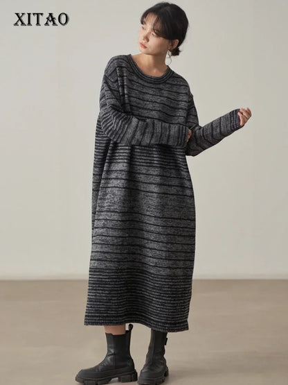 XITAO Striped Knitting O-neck Dress Full Sleeve Loose Casual Pullover Contrast Color Spring Women New All-match Dress DMJ3280