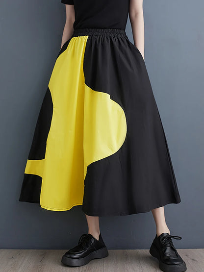 XITAO Elastic Waist Contrast Color Pocket Skirts Patchwork A-line Mid-calf Loose Slimming Skirts Spring Casual New DMJ3860