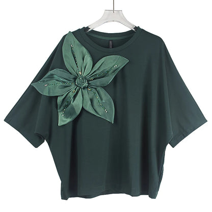 XITAO O-neck Half Sleeve T-shirt Three Dimensional Decoration Floral Temperament Diamonds Decoration Women T-shirt HJH31387