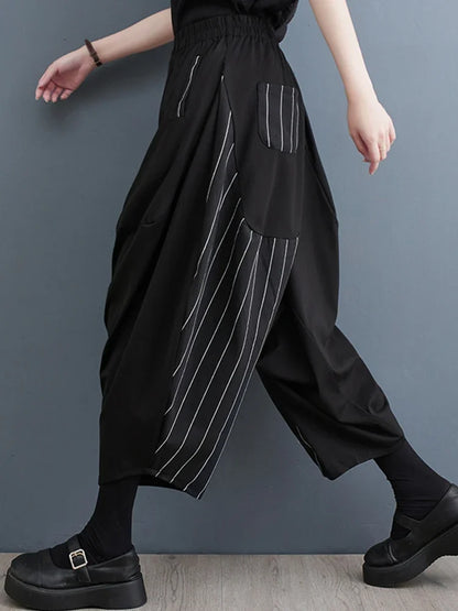 XITAO Striped Calf Length Pants Fashion Women Goddess Fan Casual Style Loose Elastic Waist Wide Leg Pants Summer WLD11631