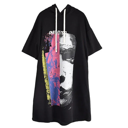 XITAO Rope Hooded Printing Knee-length Dress Casual Loose Fitting Fashion Half Sleeve Solid Color Summer Women Dress GMM1200