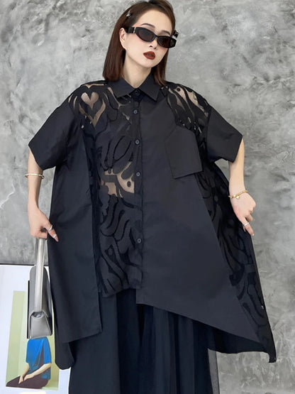 XITAO Lace Patchwork Irregular Dress Short Sleeve Loose Turn Down Collar Simplicity Temperament All-match Women Dress ZY8659