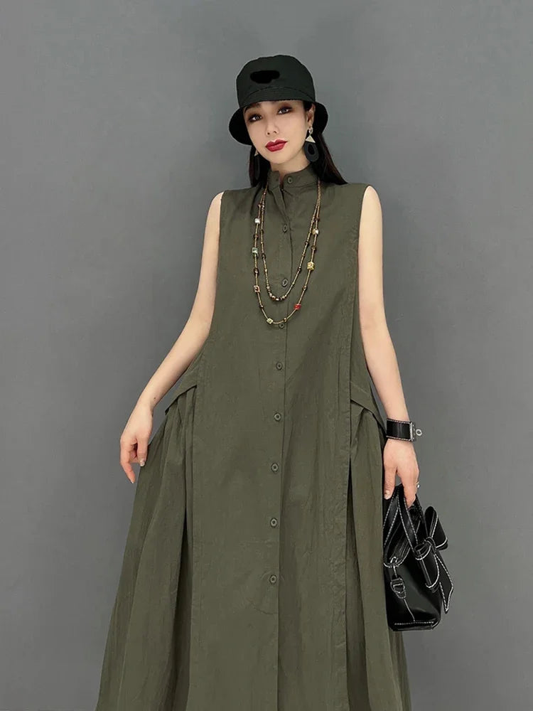 XITAO Folds Splicing Dress Loose Fashion Solid Color Casual Stand Collar Temperament Sleeveless Vest Dress Summer New WMD6465