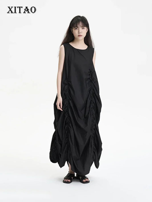 XITAO Folds Sleeveless Dress Fashion Black Casual Women Summer Simplicity New Personality Loose Street Trendy Dress WMD5840