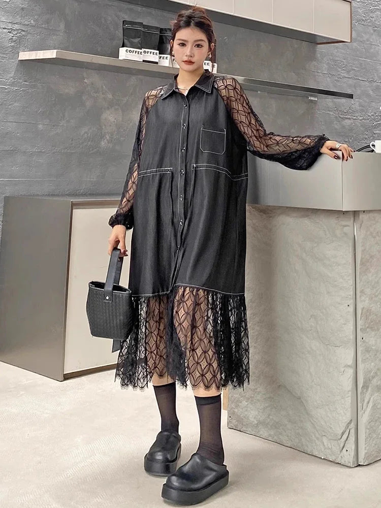 XITAO Patchwork Lace Turn-down Collar A-line Shirt Dress Casual Solid Color Full Sleeve Personality Autumn Women Dress GMM1138