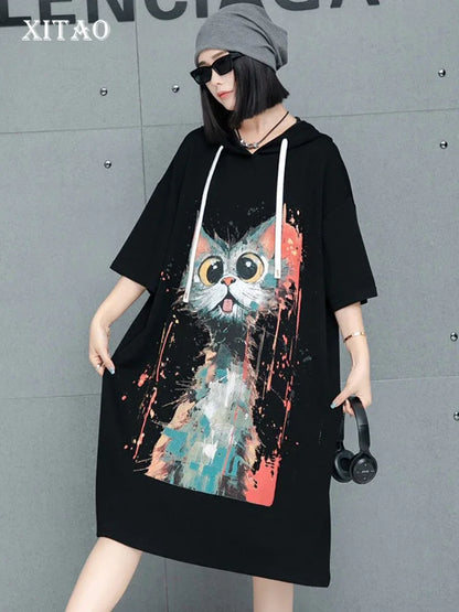 XITAO Hooded Drawstring Animal Print Casual Dress Loose Fitting Knee-length Half Sleeve Fashion New Summer Women Dress GMM1195