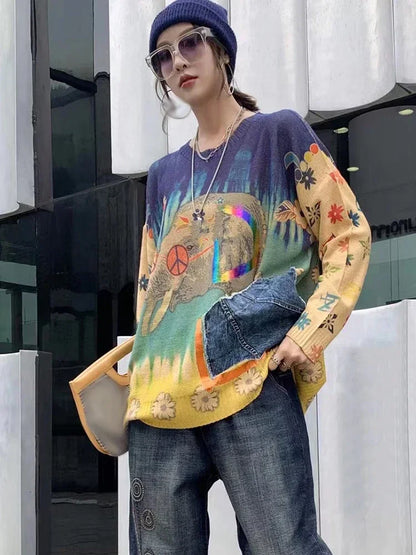 XITAO Patchwork Print Female Sweater Personality Contrast Color Pullovers Top Spring New 2024 Women Street Trend Sweater ZY8630