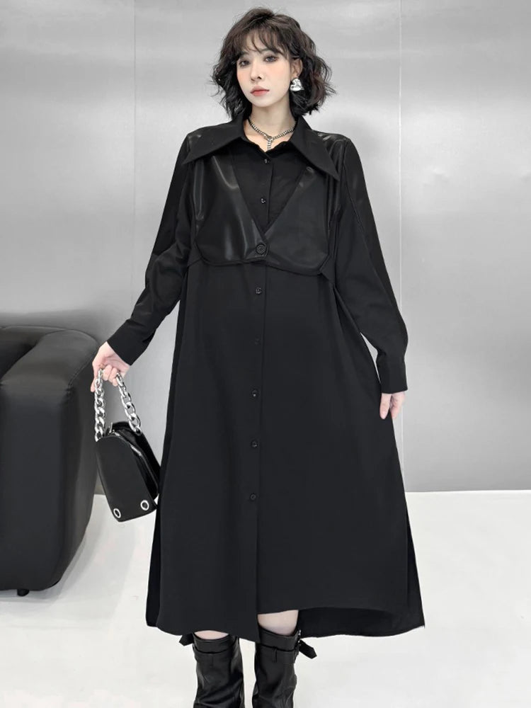 XITAO Loose Pu Patchwork Shirt Dress Casual Long Sleeve A-line Women Temperament Simple Solid Color Slimming Dress HQQ2428