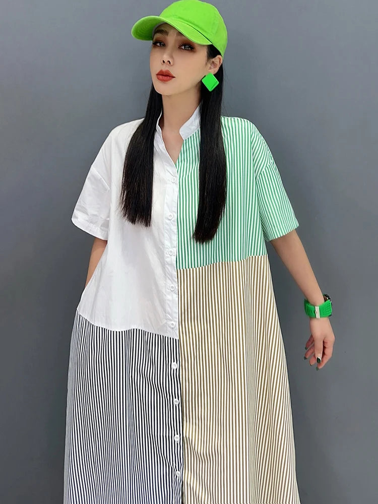 XITAO Striped Patchwork Contrast Color Shirt Dress Stand Collar Elegant Fashion Casual Loose Summer Women New Dress ZY8804