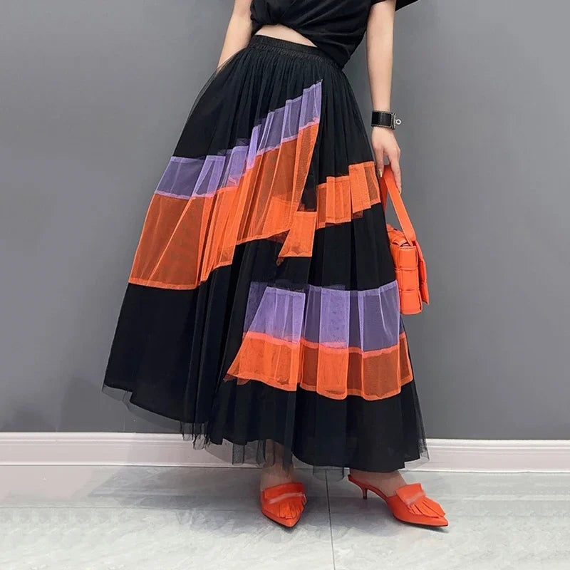 XITAO Mesh Skirt Fashion Irregular Contrast Color Patchwork Skirt Female Spring New All-match Street Trendy Women HQQ1386