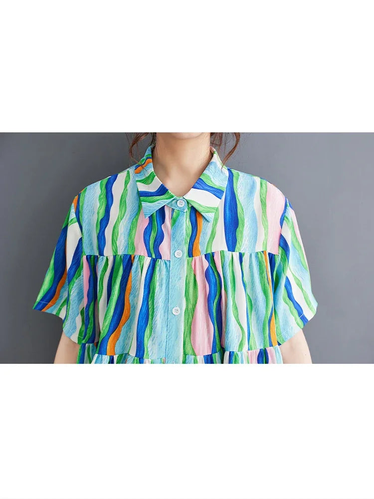 XITAO Print Patchwork Single Breasted Women Shirt Turn-down Collar Vintage Loose Short Sleeve 2024 Summer New Arrival DMJ1407