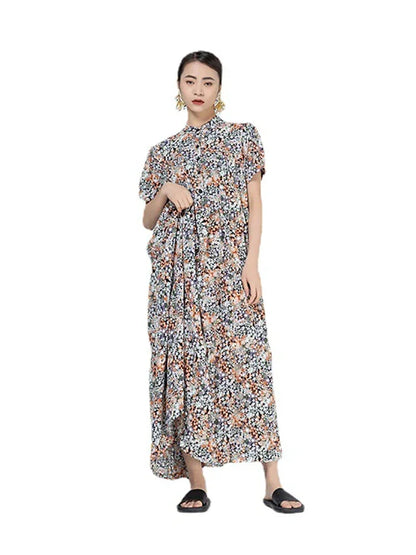 XITAO Print Dress Fashion New Pleated Splicing Splicing Casual Loose Simplicity Women Summer Stand Collar WMD1272