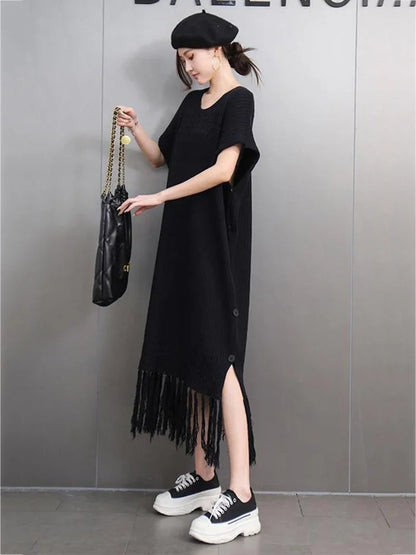 XITAO Knitting Patchwork Tassel Side Split Dress Solid Color O-neck Pullover Loose Slimming Hong Kong All Match GMM1352