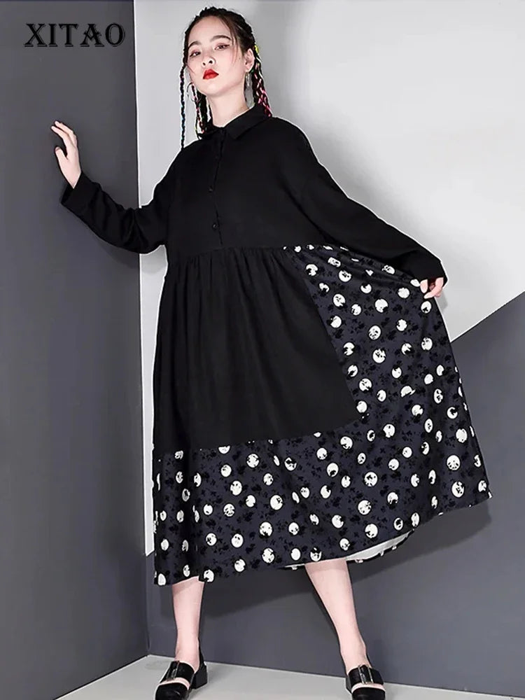 XITAO High Waist Dress Fashion New Patchwork Pleated Pullover Spring Autumn Elegant Casual Style Plus Size Dress ZY2126