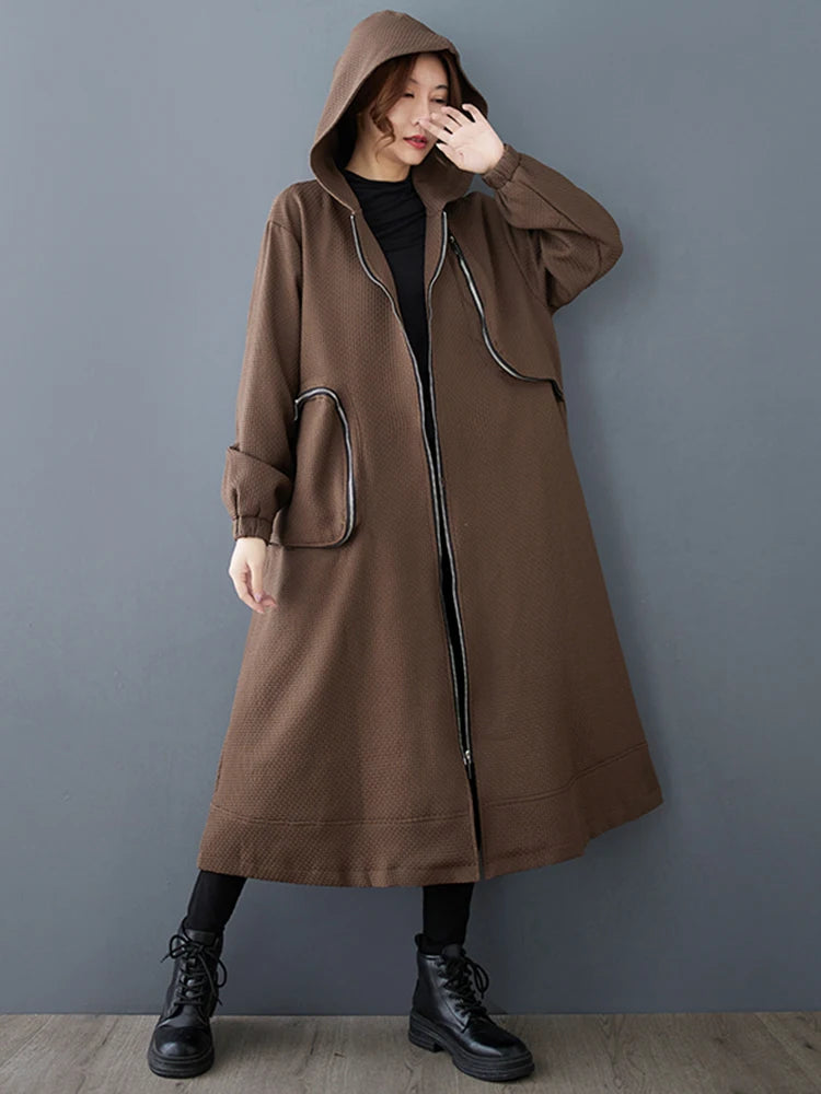 XITAO Fashion Casual Loose Solid Color Irregular Coat A-line Full Sleeve Jacket Zipper Autumn 2024 New Female Trench GMM1003