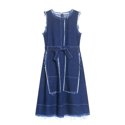 XITAO New Sleeveless Denim Bandage Dress Burrs Fashion Simplicity Temperament O-neck Collar Women Autumn Loose CLL1258