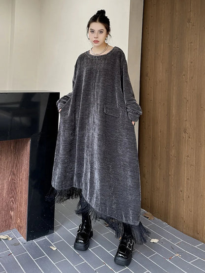 XITAO Tassel Patchwork Asymmetrical Dresses O-neck Long Sleeve Pullover Loose Slimming Temperament Dress 2024 Autumn GYX1037